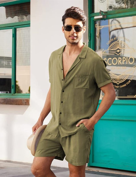 Conjunto de pantalones cortos y camisa tipo cárdigan de lino y algodón informal suelto 